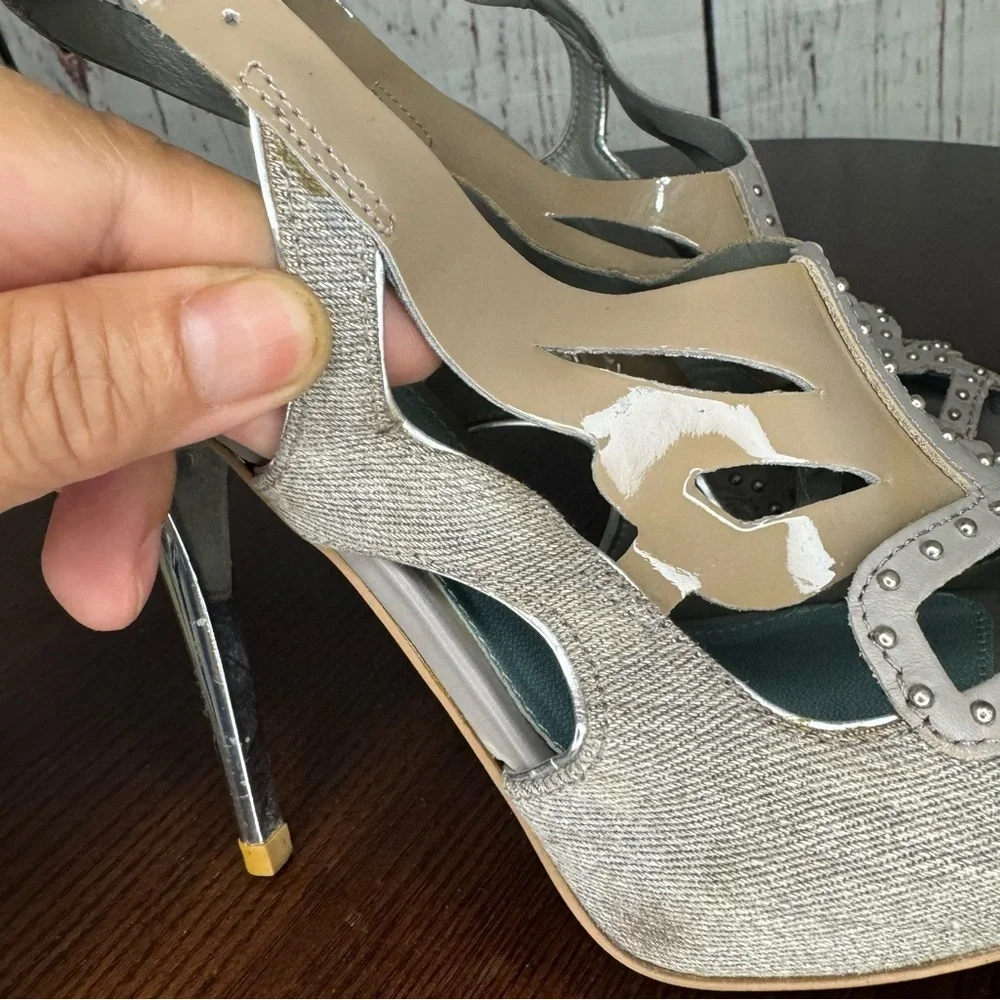 KG KURT GEIGER DENIM, Calf, PATENT Leather Laser Cut Studded heeled Sandals 37 - Picture 13 of 16